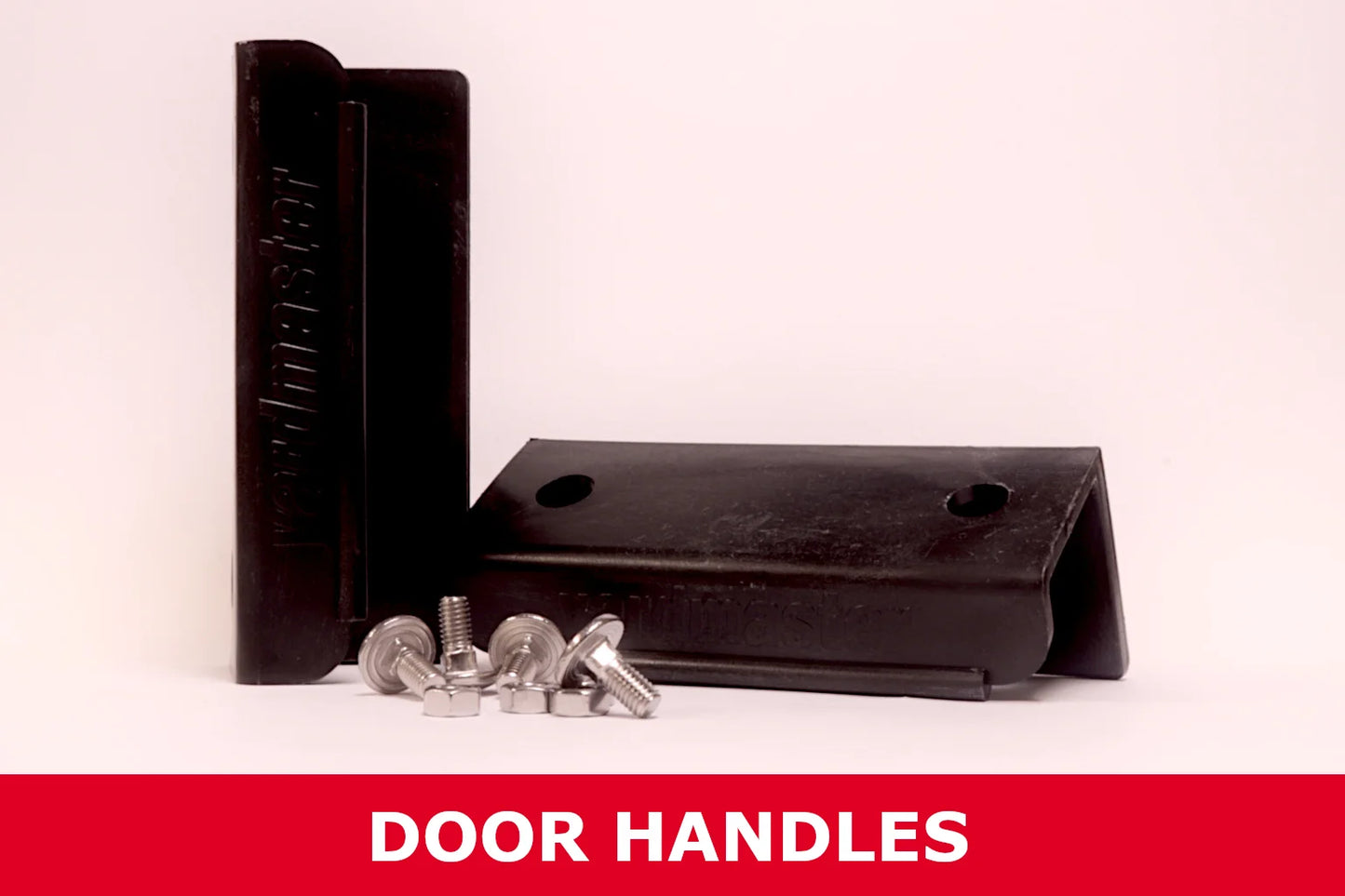 Black metal door handles for outdoor shed with mounting screws, on white background