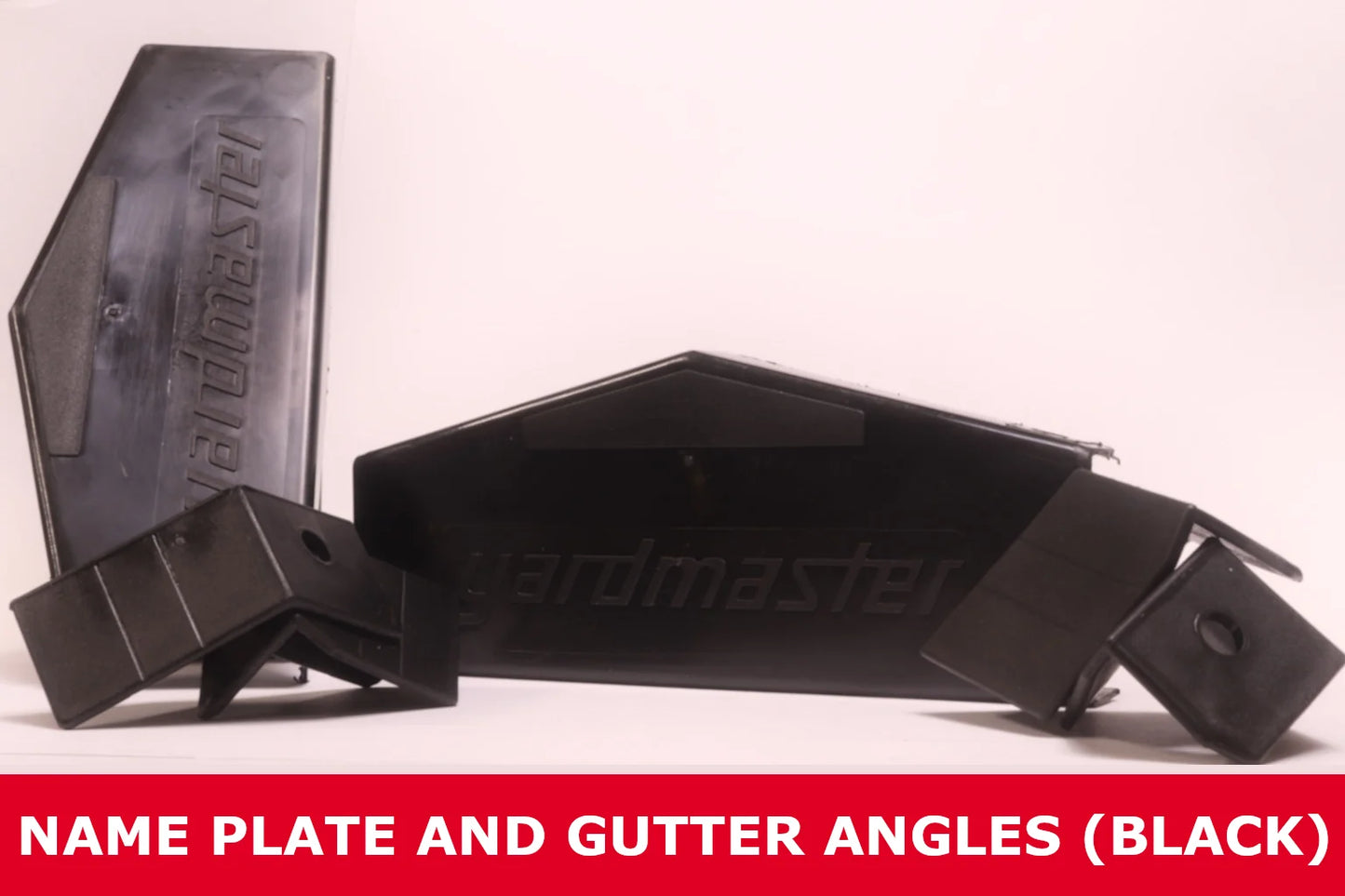 Black plastic name plate and gutter angles for metal storage shed, front view