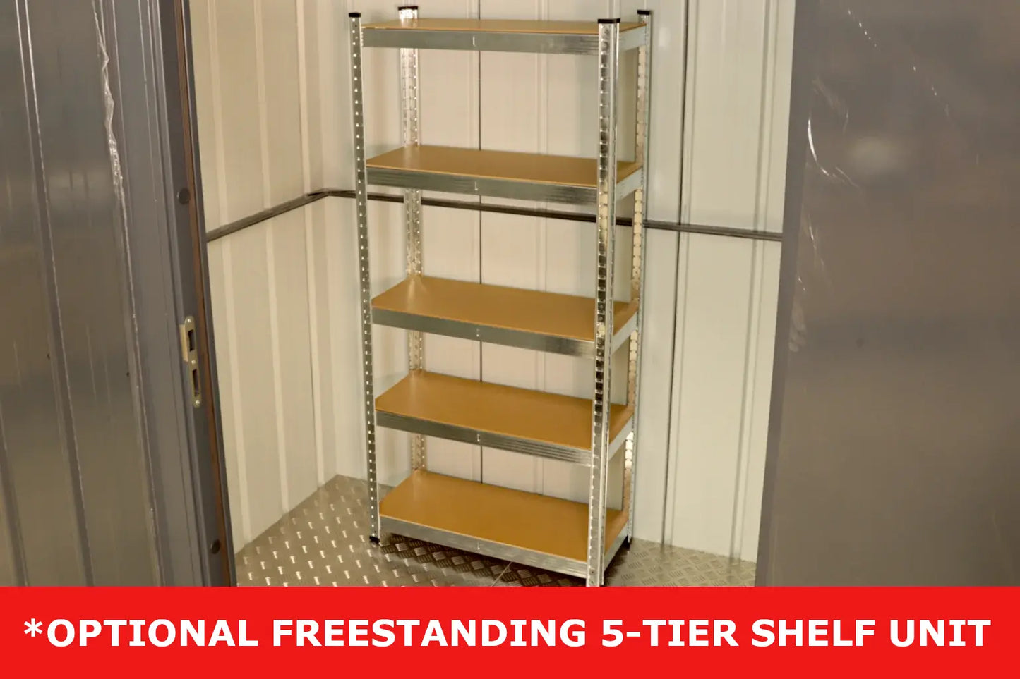 Adjustable five-tier metal shelf unit inside a metal shed on diamond plate flooring