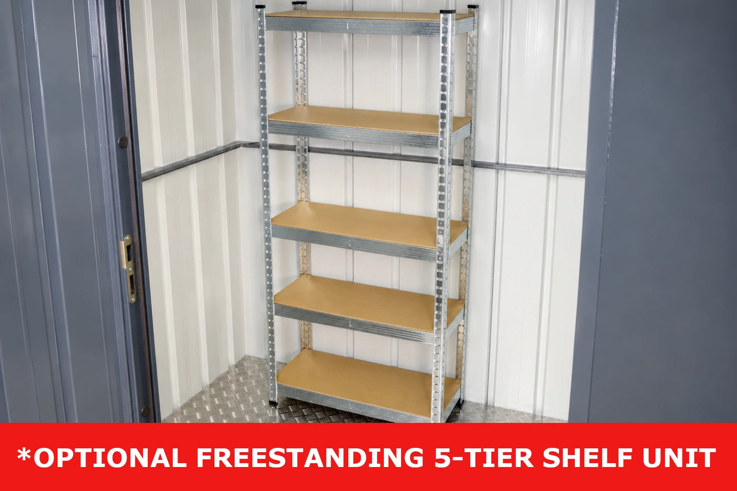 Adjustable five-tier metal shelf unit inside a metal shed on diamond plate flooring