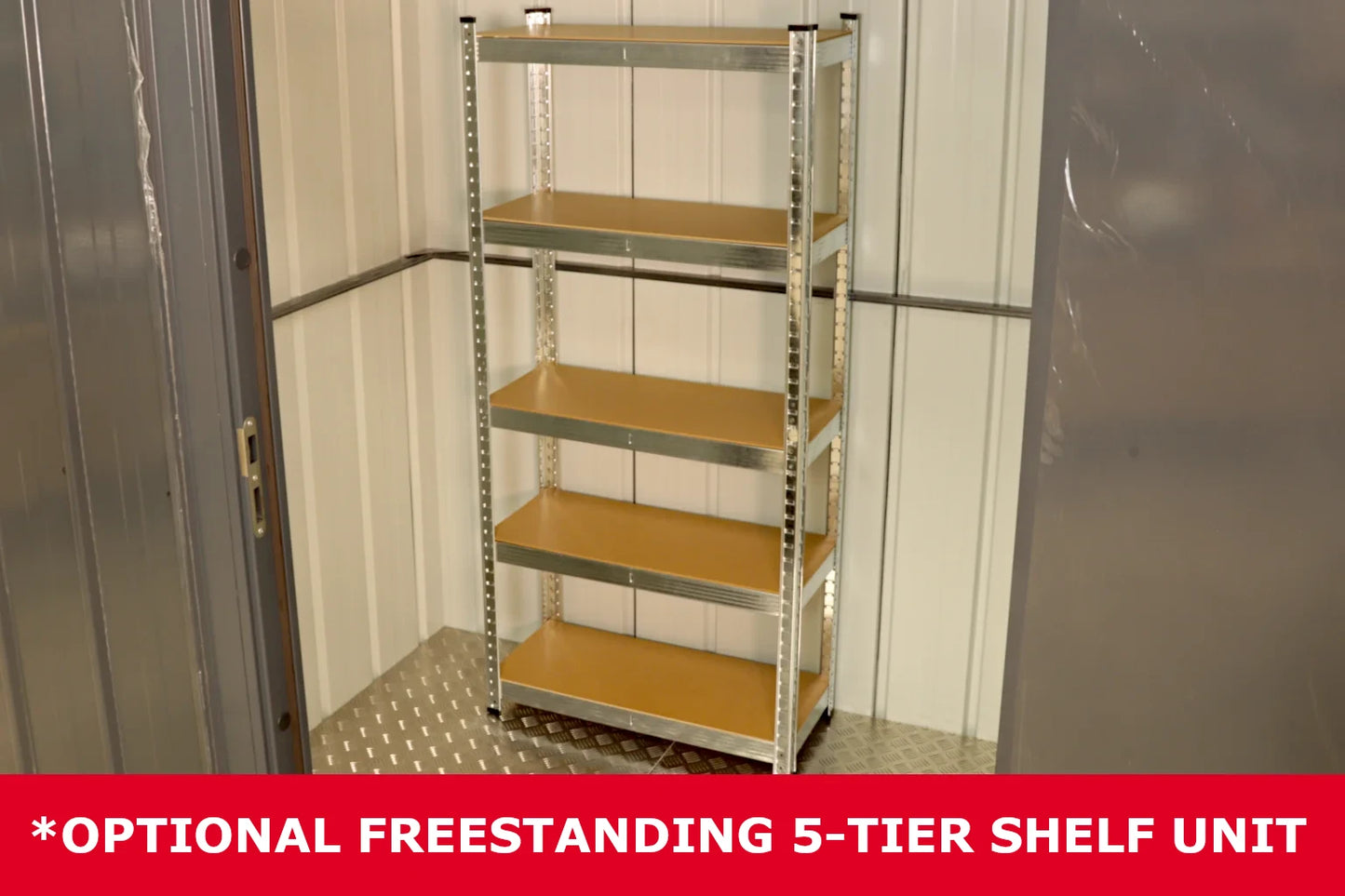 Adjustable five-tier metal shelf unit inside a metal shed on diamond plate flooring