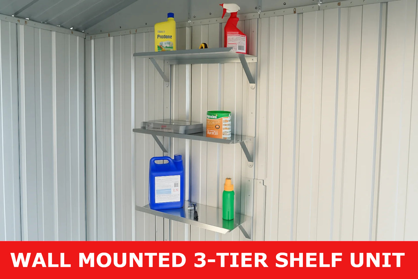 Metal adjustable three-tier shelf unit mounted on shed wall with various containers.