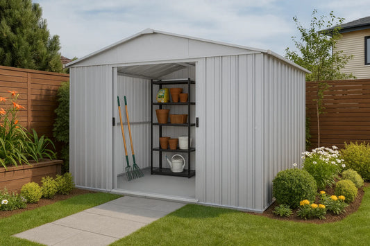 Metal garden shed with open doors, tools, and shelves in a landscaped backyard