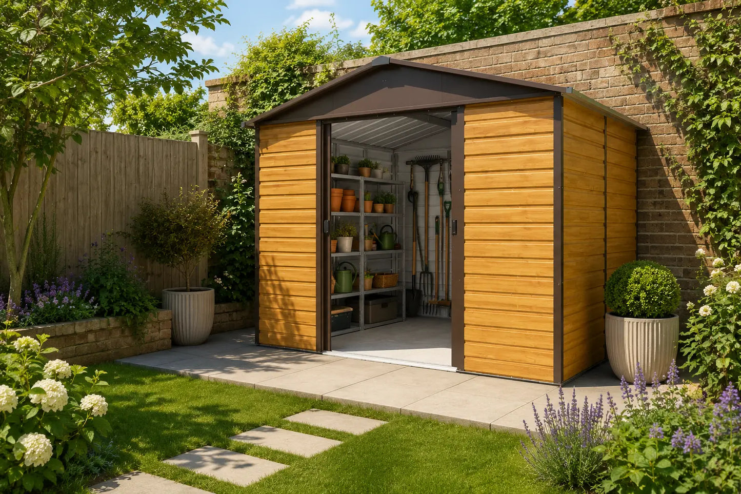 Yardmaster Shiplap Teakwood Apex 10ft x 8ft Metal Shed