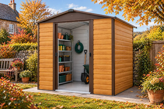 YardMaster Shiplap Teakwood Apex 8ft x 6ft Metal Shed